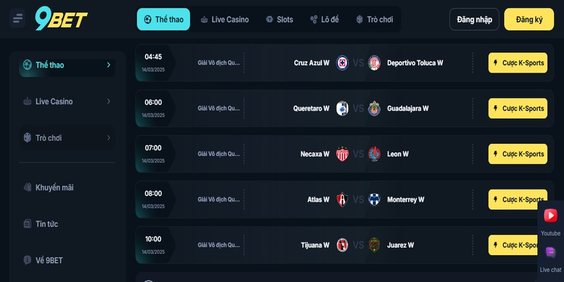 9bet cung cấp cược thể thao cho nhiều giải đấu